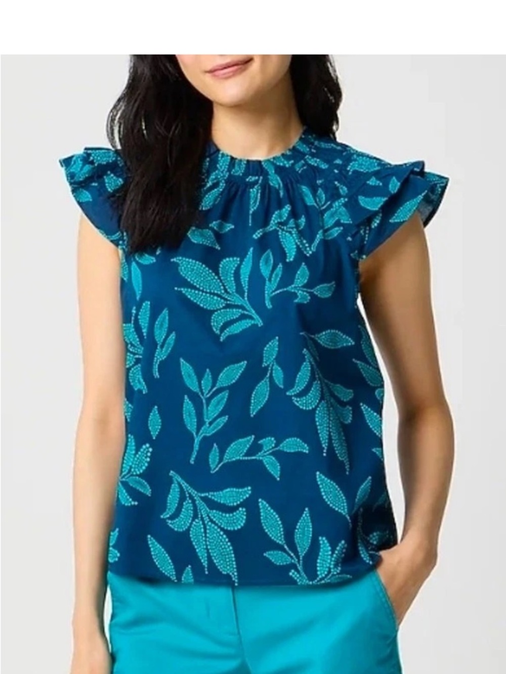 J. Crew Teal Leaf-Print Flutter Sleeve Blouse on Navy - Picture 2 of 5